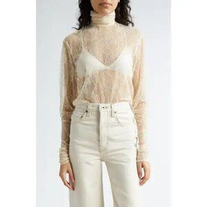INTERIOR  The Anita Sheer Floral beige Lace Turtleneck Top shirt size XS